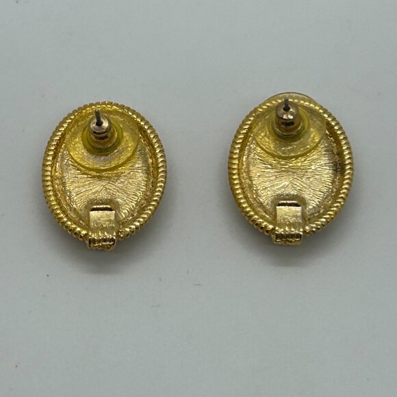 Vintage 80s  Black Acrylic Oval Post Earrings Plymouth New York Gold Rope Border - Picture 7 of 13